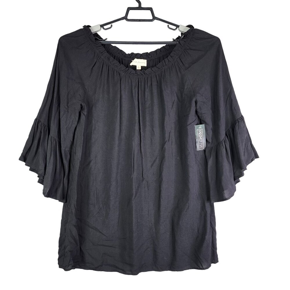 Womens Black Sweet Journey Blouse Shirt Boat Neck 3/4 Sleeve Ruffles Size L